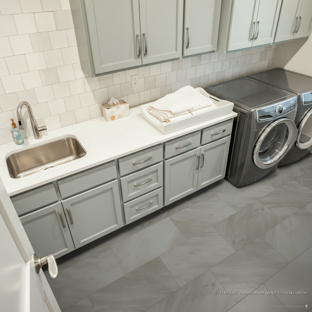 Modern laundry room featuring COREtec CT Plus Tile in Perfecta Marble waterproof flooring